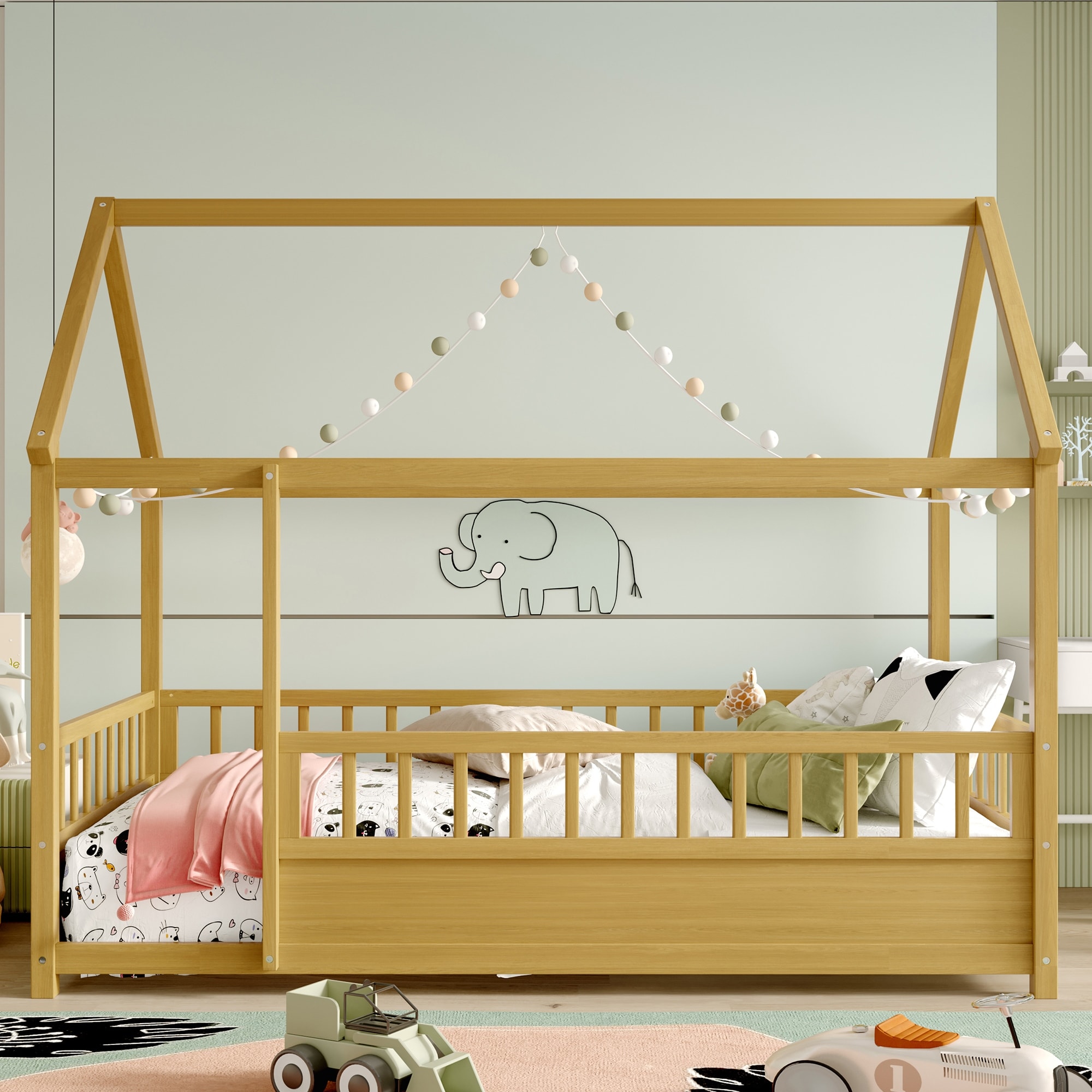 Natural Wooden Montessori Toddler Bed Floor House Bed Frame with Safety High Fence, Open Entran and Roof Design