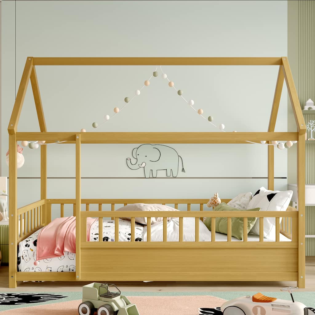 Twin Size Floor Wooden Bed with House Roof Frame, Fence Guardrails,(Twin,Natural)