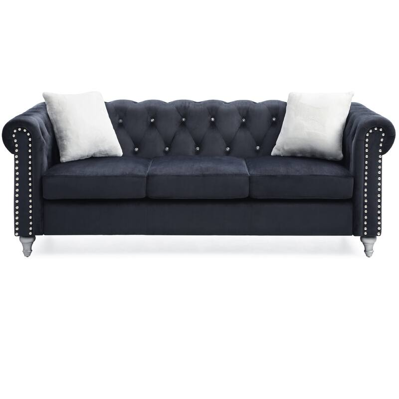 Tufted Faux Jewel Velvet 3-Seater Sofa with Throw Pillows - 83" - Black