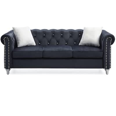 Tufted Faux Jewel Velvet 3-Seater Sofa with Throw Pillows - 83" - Black