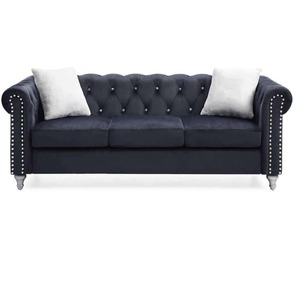 Tufted Faux Jewel Velvet 3-Seater Sofa with Throw Pillows - 83" - Black