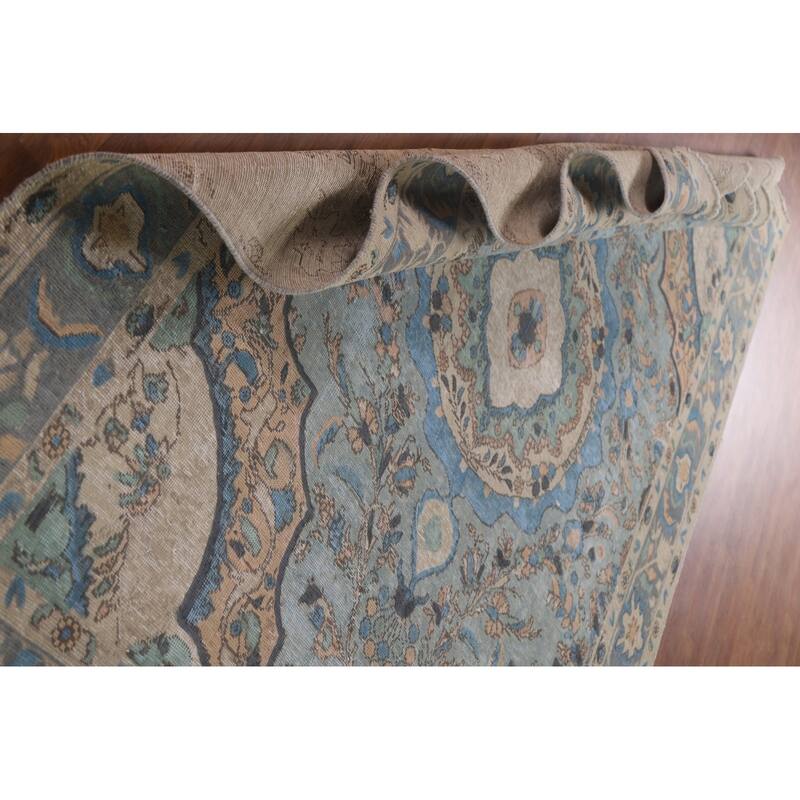 Hand Knotted Oriental 100% Wool Carpet Traditional Floral Navy Blue & Blues Tabriz Area Rug - 9' 4'' X 6' 5''