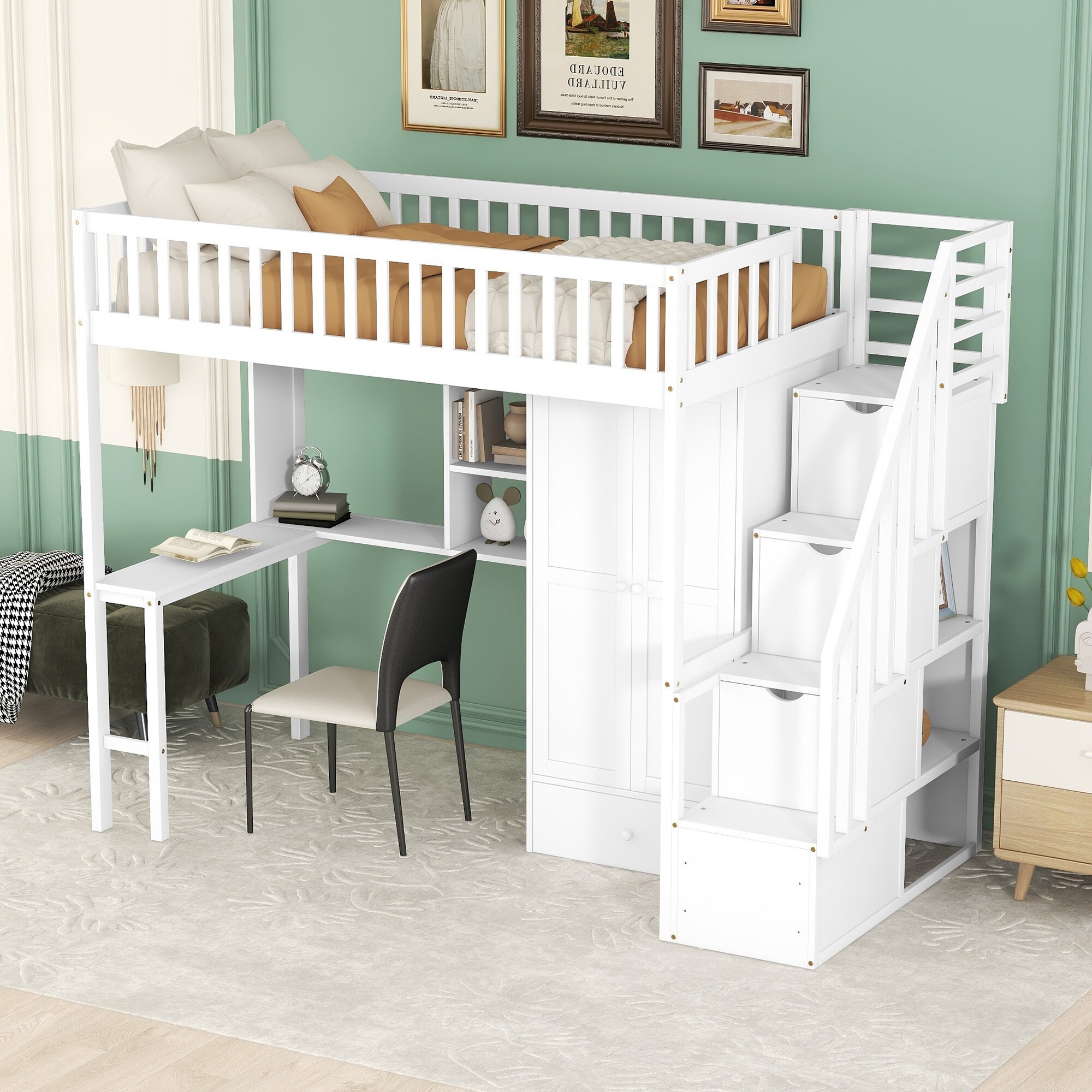 Twin size Loft Bed with Bookshelf Drawers Desk and Wardrobe Bed