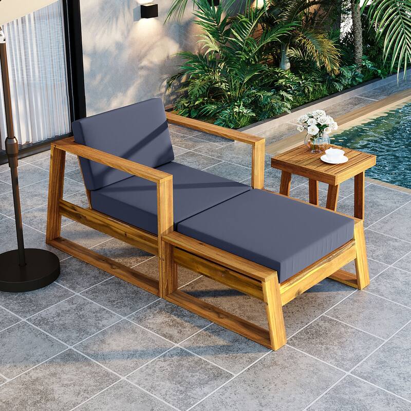 Acacia Wood Outdoor Lounge Set - Chair and Ottoman with Adjustable Backrest and Removable Cushions