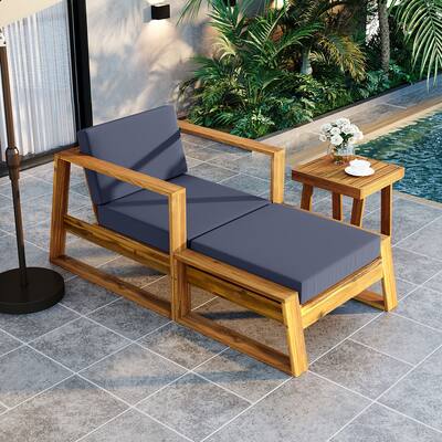 Acacia Wood Outdoor Lounge Set - Chair and Ottoman with Adjustable Backrest and Removable Cushions