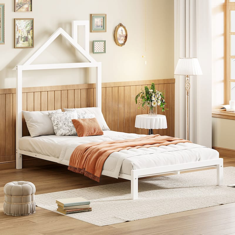 Roomfitters Twin Size Metal Platform Bed with House-Shaped Headboard Design - White