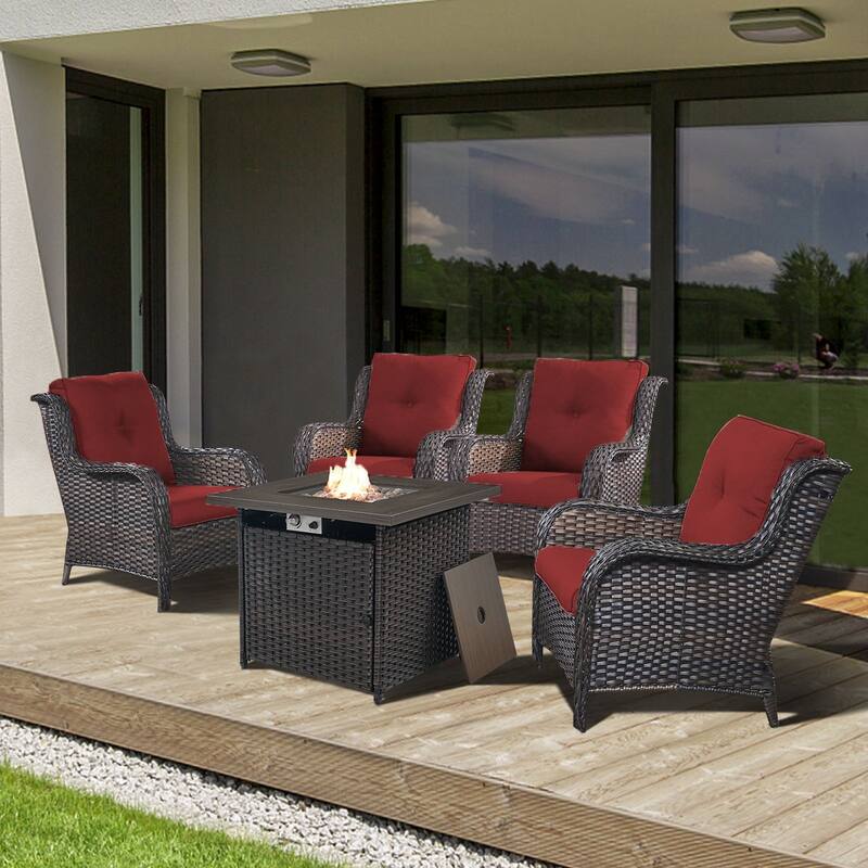 Gymojoy 5-Piece Outdoor Wicker Patio Furniture with Fire Pit Table, Rattan Coversation Set with Water Resistant Thick Cushions - Brown Wicker / Red Cusion - 5-Piece