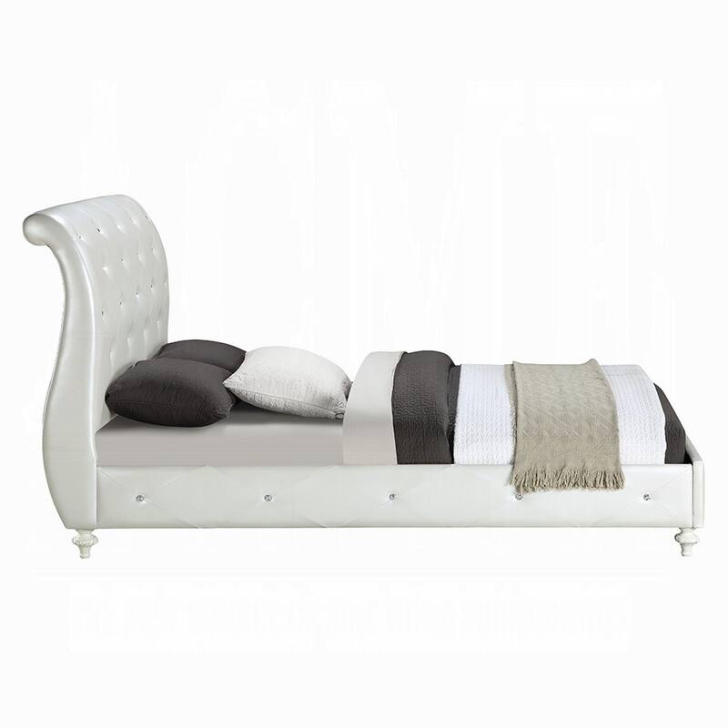 Dorie Full Bed, Pearl White Faux Leather Victorian Carved w Crystals