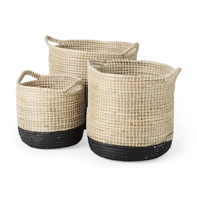 Maddie Light Brown & Black Seagrass Round Baskets (Set of 3)