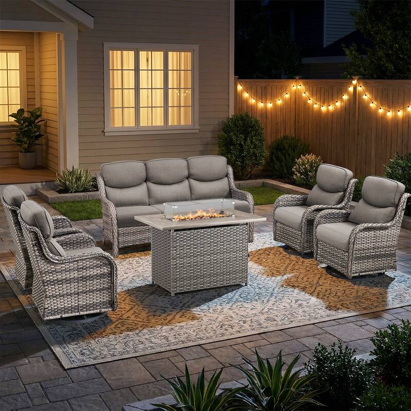 Pocassy Outdoor Fire Pit Sofa Swivel Chairs Ottoman Furniture Set - Gray Wicker Gray Cushion - 6-Piece Sofa Swivel Chair w/ Fie Pit Table
