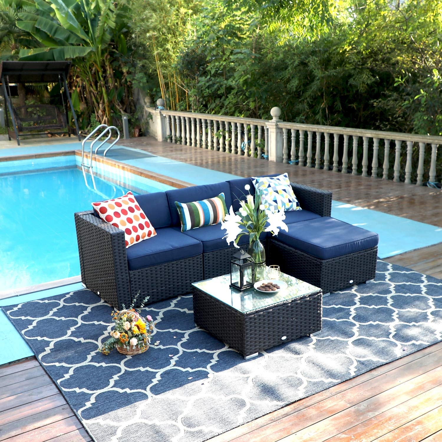 Shop Phi Villa Outdoor Furniture Wicker Patio Sectional Sofa Rattan Couch Set With Tea Table 5 Piece Overstock 30947880 Blue