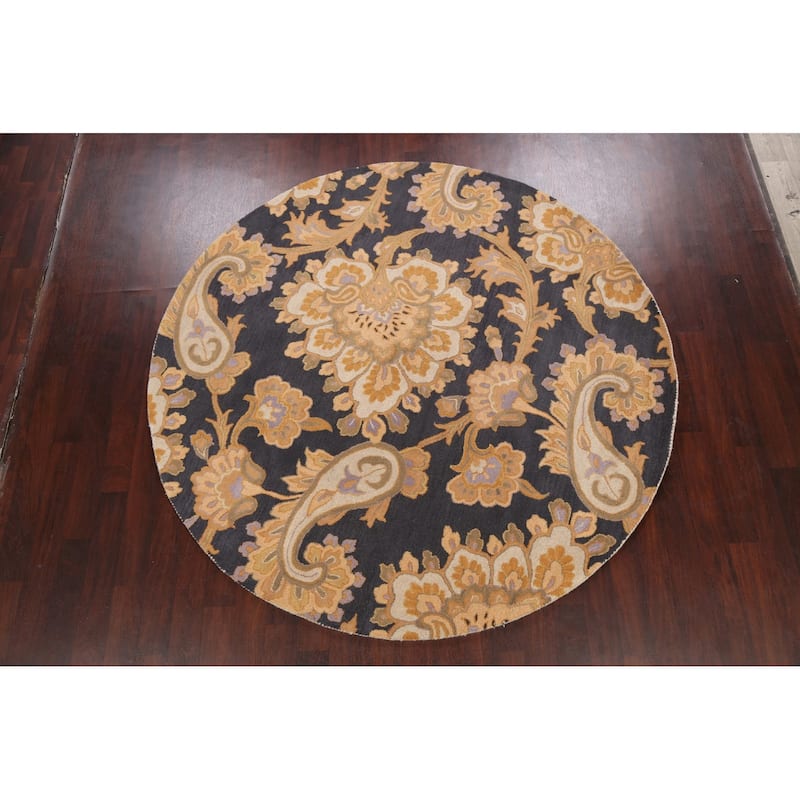 Charcoal Floral Paisley Oriental Area Rug Hand-tufted Wool Carpet - 8'0" x 8'0" Round