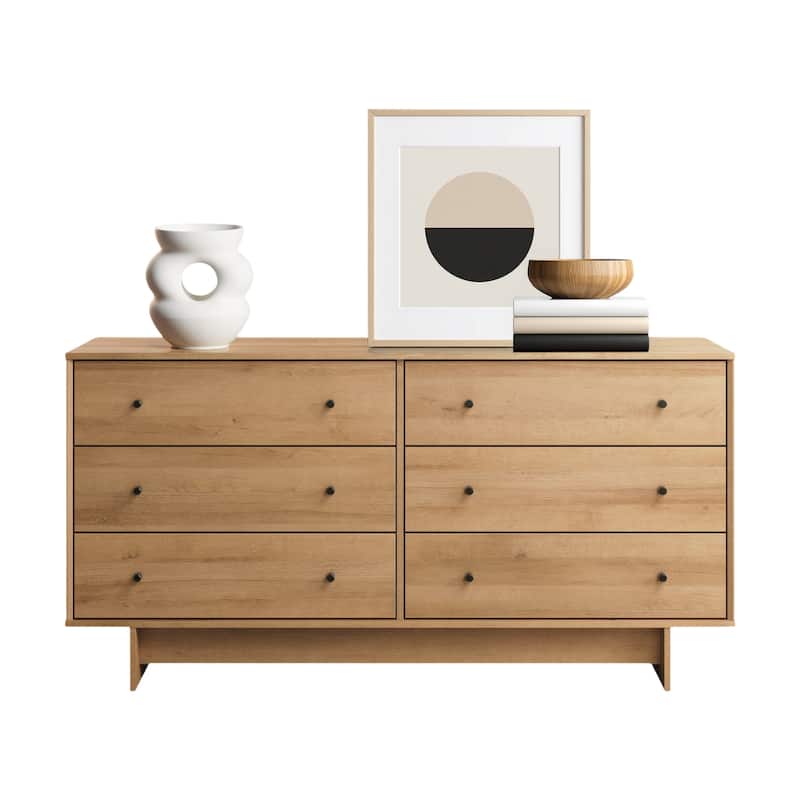 Prepac Finnley 6-Drawer 61" W Dresser, Modern Clothing Organizer for Home, Bedroom, Living Room - Natural Oak