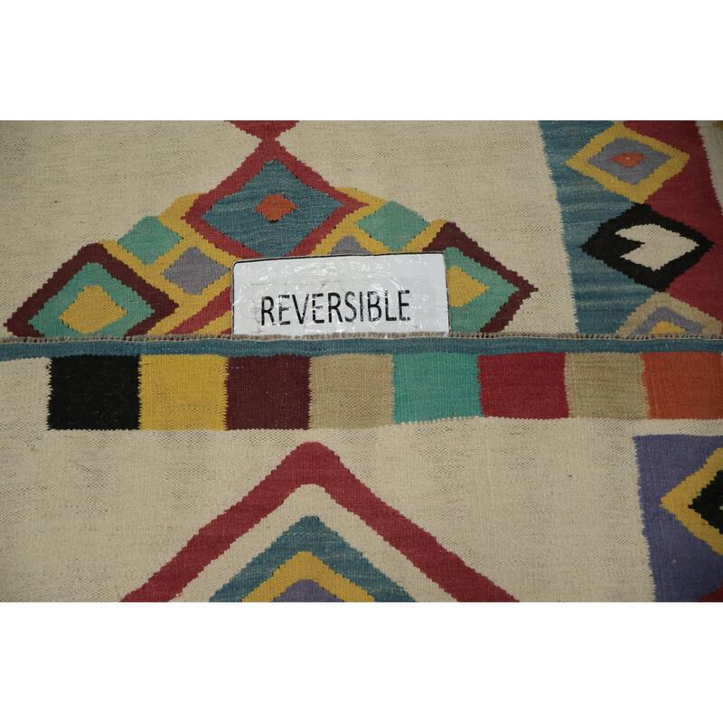 Hand Woven Oriental 100% Wool Carpet Southwestern Modern Beige & Ivories Kilim Area Rug - 12' 0'' X 5' 1''