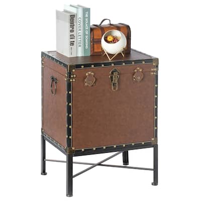 Trimmed Faux Leather Lockable Square Lined Storage Trunk, End Table on Metal Stand