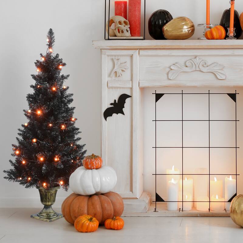 National Tree Company Halloween Black Entrance Tree with String of Orange Lights, 4 feet