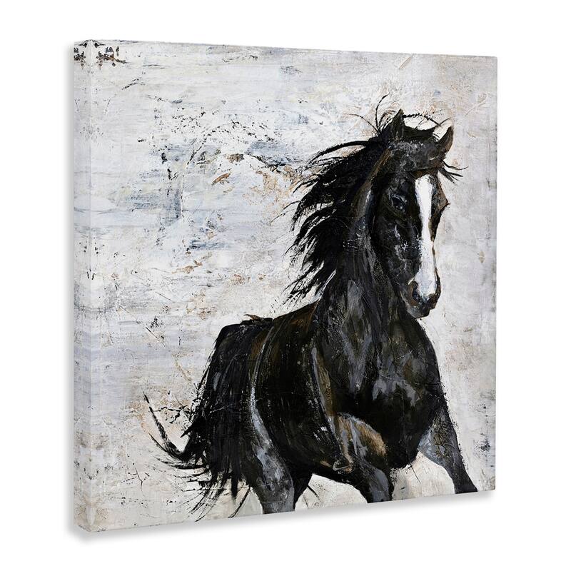 Stupell Wild Black Horse Galloping over Abstract White Canvas Wall Art