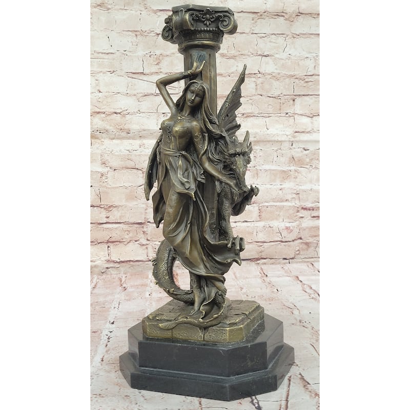 Bronze Fantasy Statue Of Woman With Dragon Column Original Mythical Sculpture