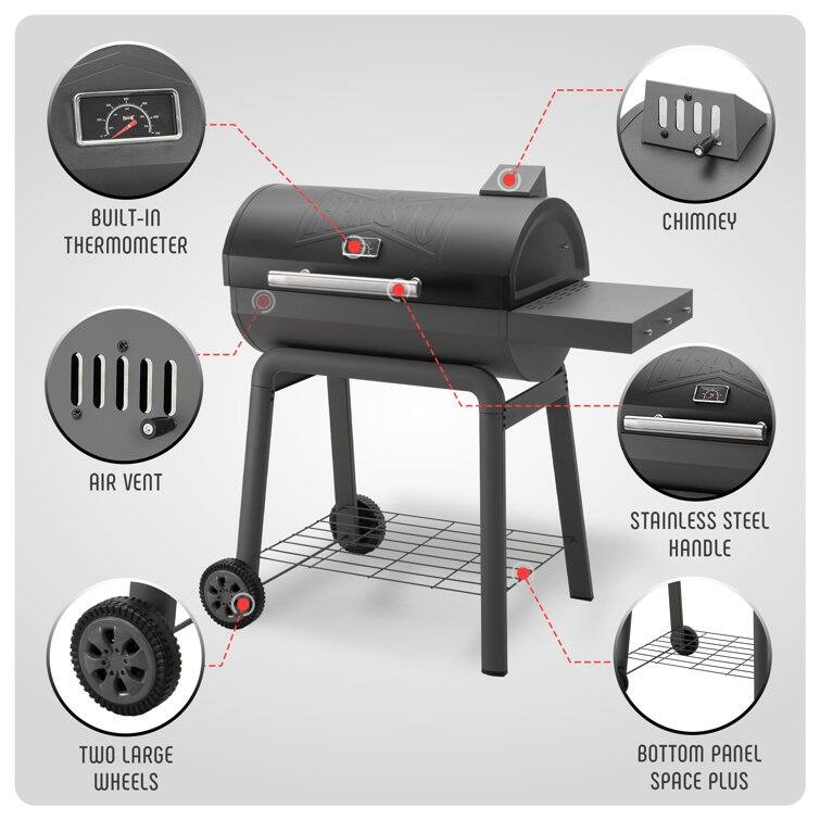 Feasto 28in BBQ Barrel Charcoal Grill With Side Shelf, Heavy Duty Outdoor BBQ Grill with 664 Square inches Cooking Area