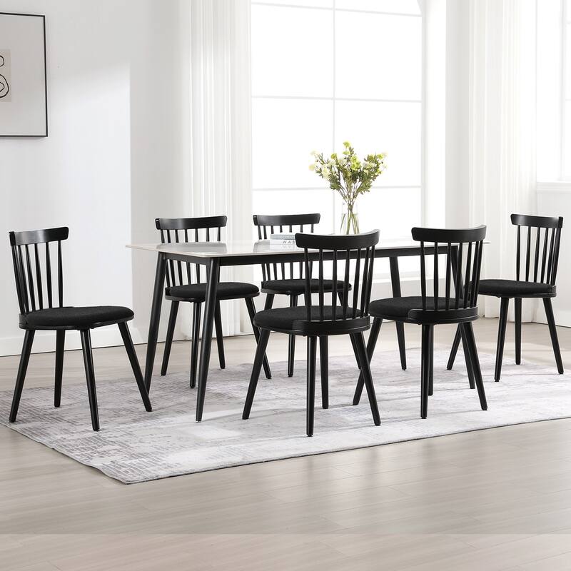 Solid Wood Spindle Back Windsor Dining Chairs Set of 2 - 33.3"H x 17.72"W x 19.7"D - Set of 6 - Black+Black Cushion