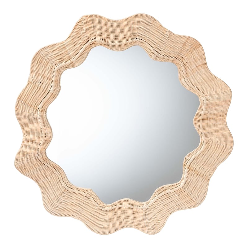 Hasana Coastal Scalloped Natural Rattan Round Accent Wall Mirror - Natural