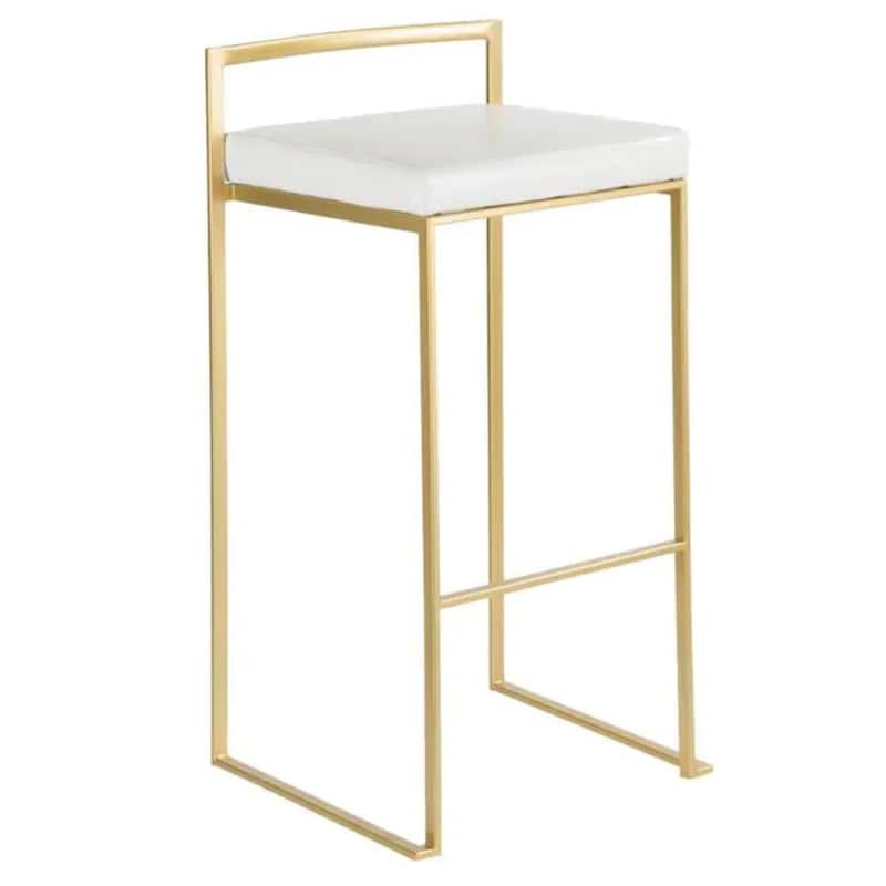 Set of 2 Contemporary Barstools in Brushed Gold and White Faux Leather