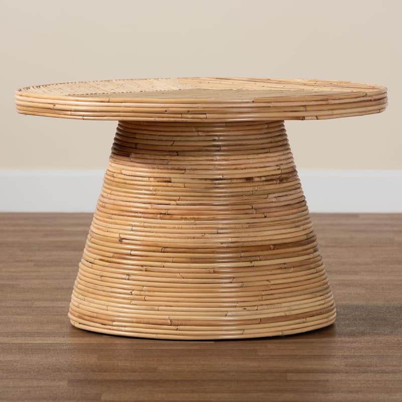 Bella Modern Bohemian Natural Rattan and Mahogany Wood Coffee Table