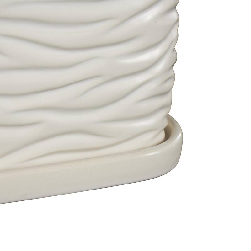 Black or White Ceramic Wavy Ribbed Indoor Outdoor Planter with Attached Saucer (Set of 3)