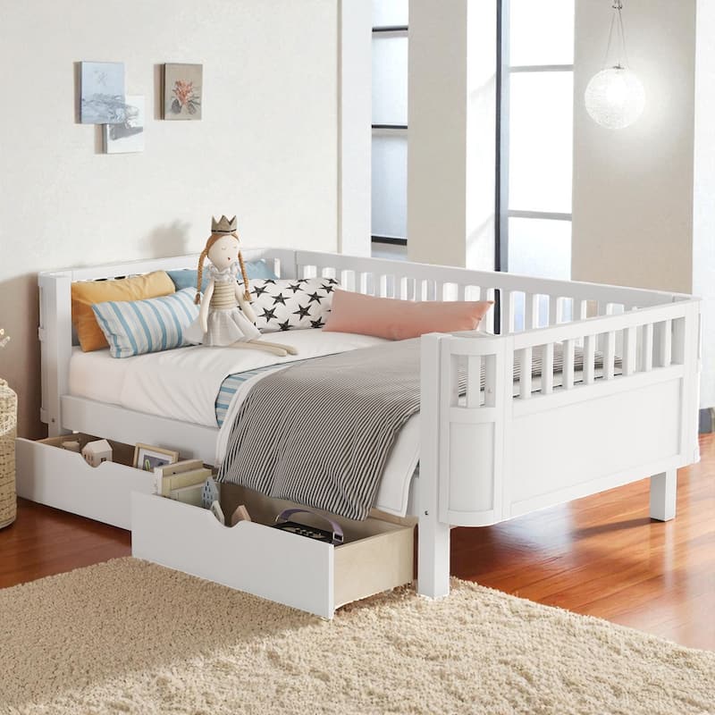 Twin/Full Size Wooden Platform Bed with Safety Rails and 2 Storage Drawers, Low Profile Kids Bed Frame