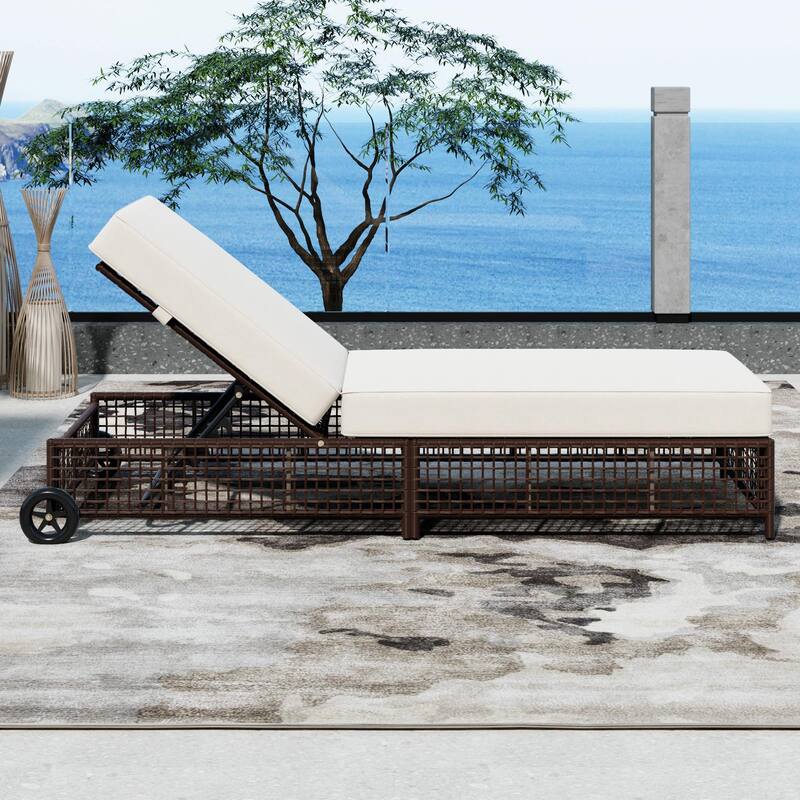Outdoor Lounge Chair - Rattan Patio Chaise Lounge with 5-Position Backrest, Cushion, and Wheels
