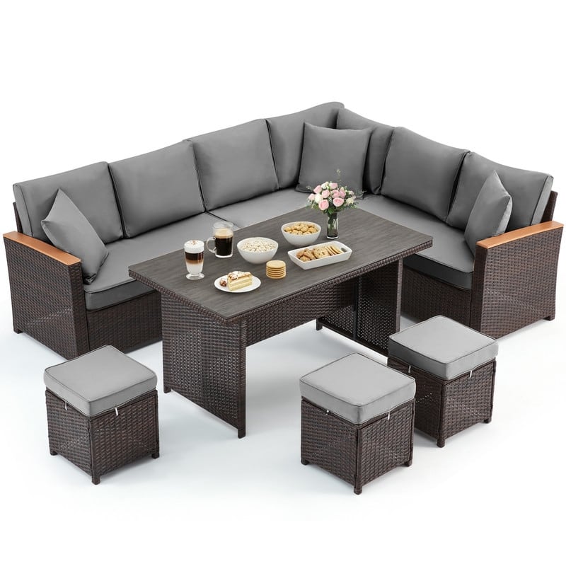 7-Piece Outdoor Sectional Set w/ Dining Table – All-Weather PE Rattan Patio Furniture for Garden, Poolside & Backyard