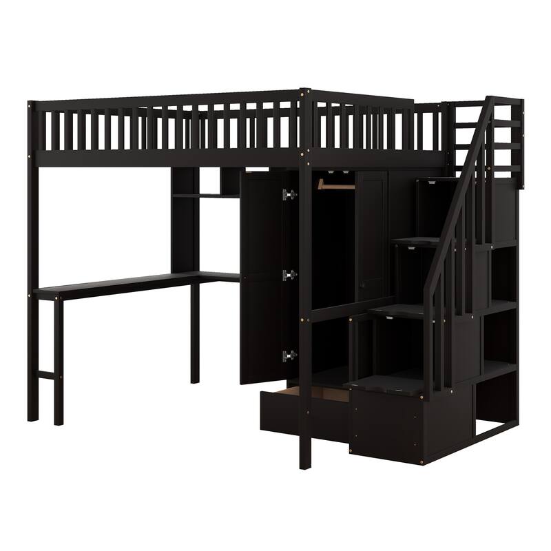 Loft Bed with Bookshelf,Drawers,Desk,and Wardrobe