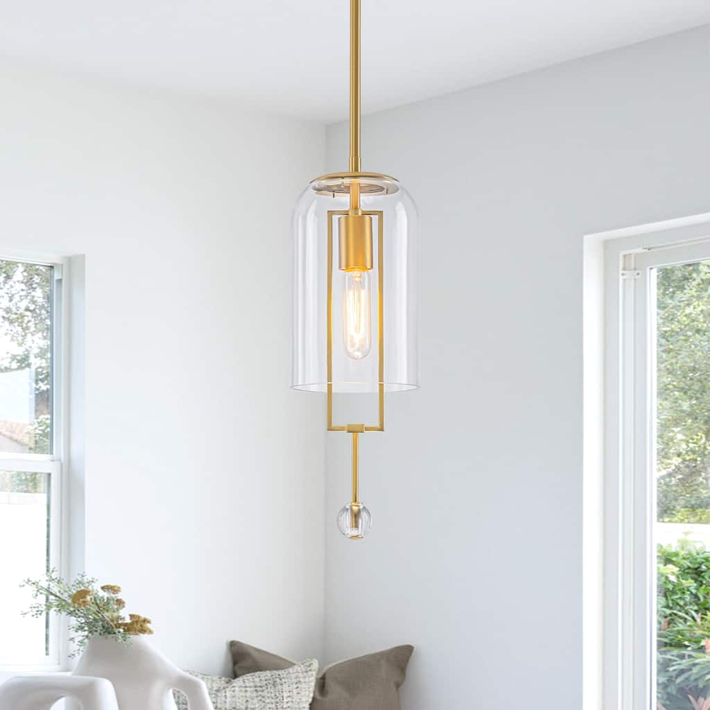 Modern Brushed Gold Pendant Light Cylinder Glass Shade Kitchen Island - Dia.5.83inch