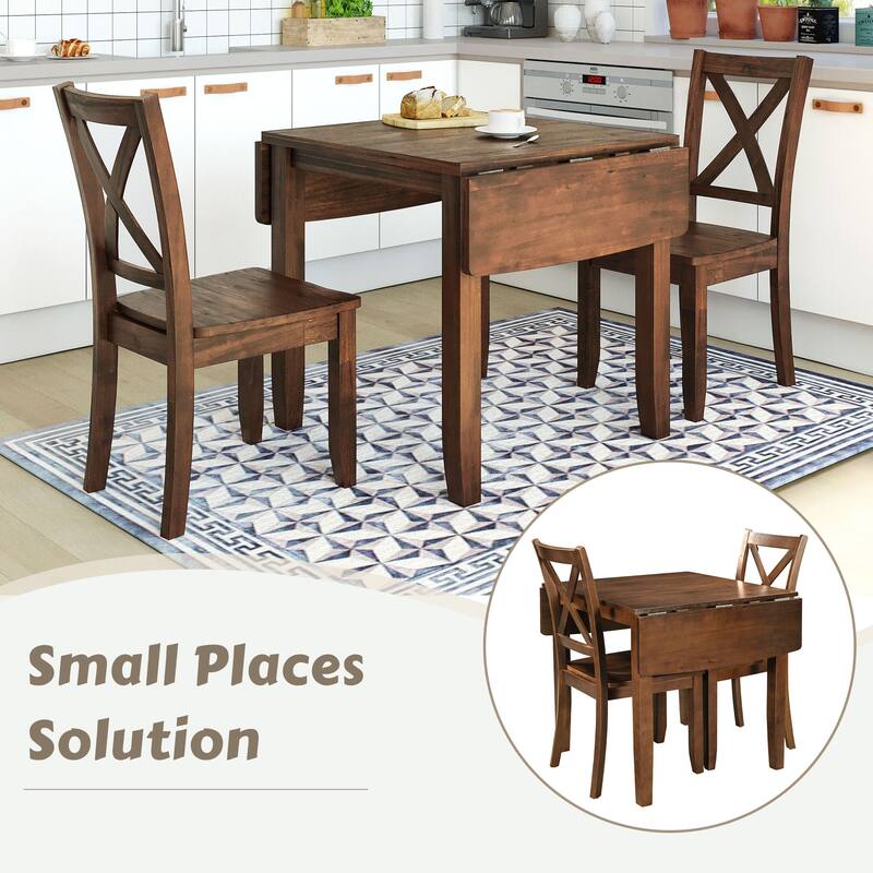 Wooden 3-Piece Breakfast Nook Dining Table Set with Extendable Drop Leaf & Ladder Back Chairs for Small Apartments