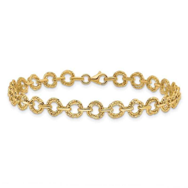 Curata 14k Yellow Gold Polished and Textured Fancy Link Bracelet 7 Inch