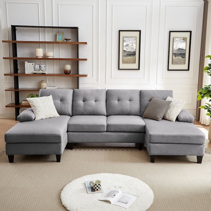 4 Seat U Shaped Sectional Sofa Couch with Double Chaise for Living Room - Ash