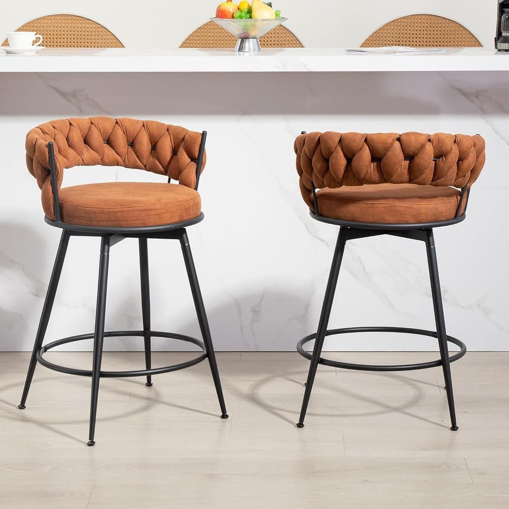 XINMICS 360° Swivel Bar Stools, 24 Inches Modern Counter Height Bar Stools with Woven Back, Upholstered Suede Tall Barstools