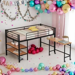 Twin Size Metal Loft Bed with Integrated Desk and Shelves,Multi-Functional Children's Bed With Full-Length Guardrail