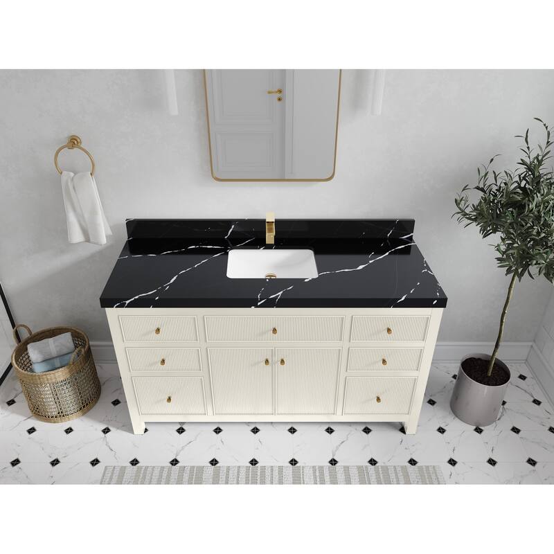 Willow Collections 60 in W x 22 in D Sonoma Free Standing Reeded Single Sink Bathroom Vanity with Countertop - 2”Calacatta Black - Ivory