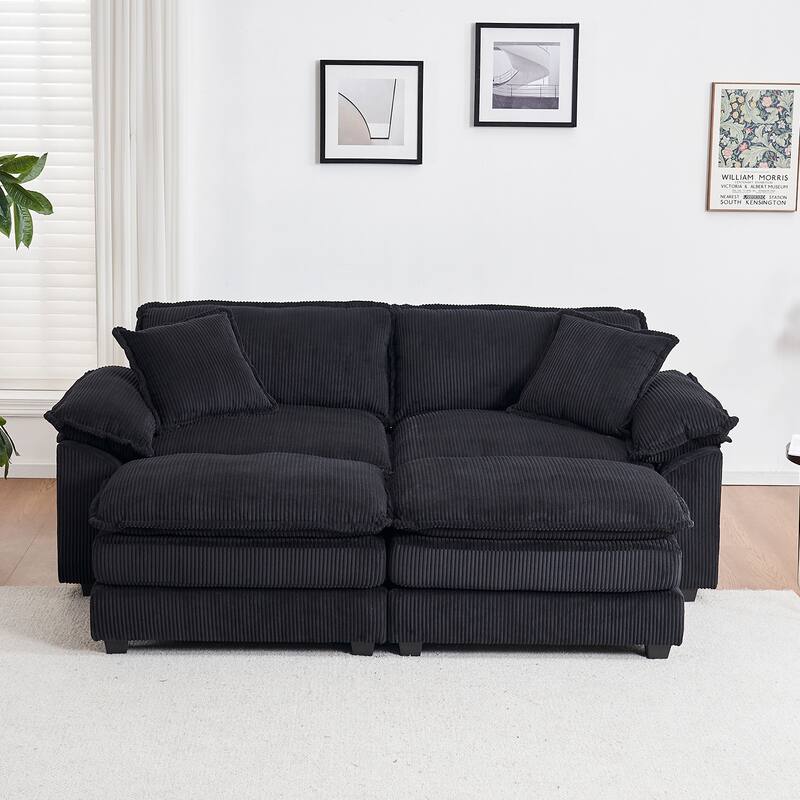 84.6" Corduroy 2-seats sofa With 2 back pillows,2 toss pillows and two ottoman