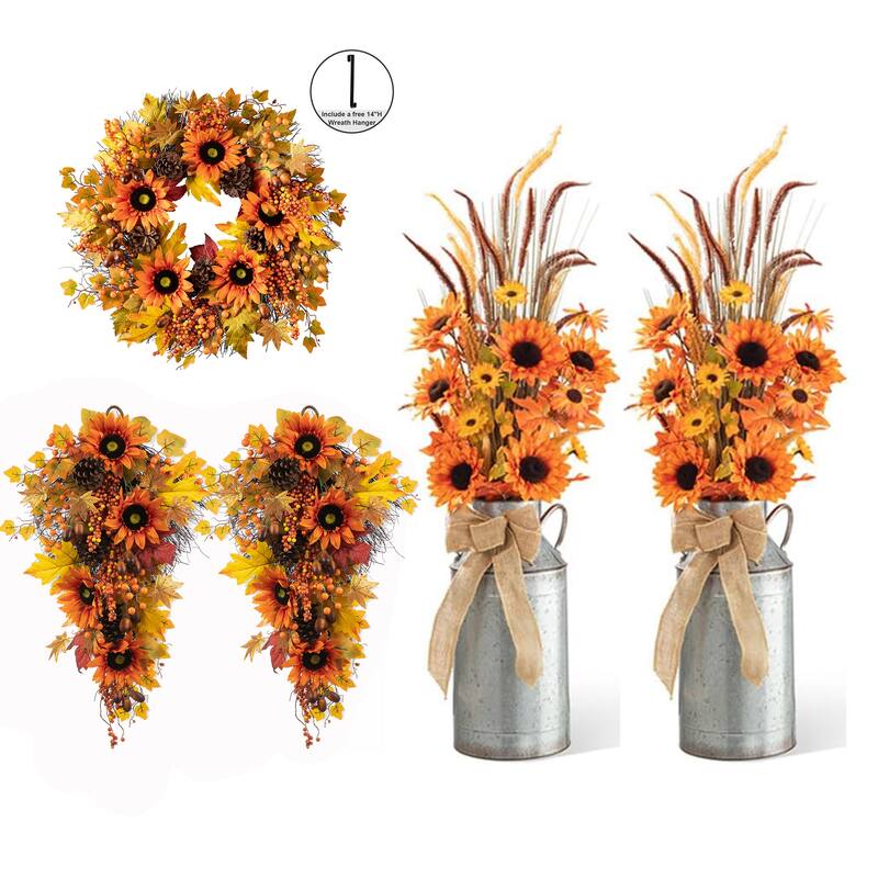 Glitzhome 3ft Fall Sunflower Leaf Potted Tree Thanksgiving Porch Decor - Set of 5 Trees&Wreaths