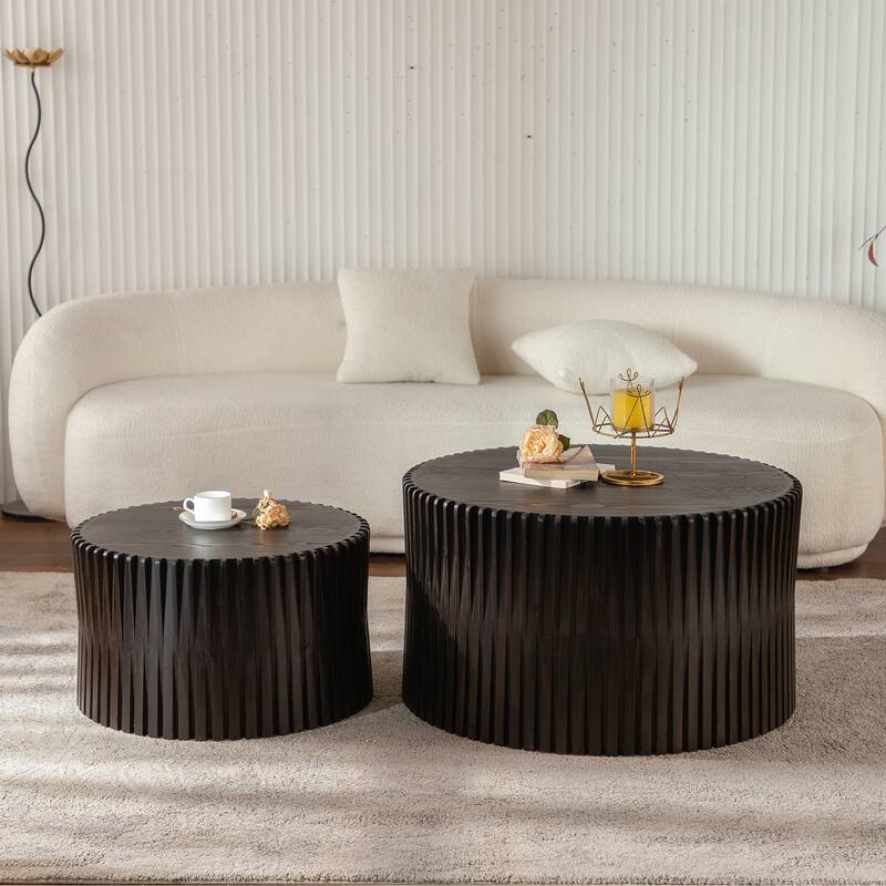 Fashion Style Nesting Coffee Table Set with Vertical Textured Embossed Design for Living Room, Office and Dining Room(Set of 2) - Dark Brown