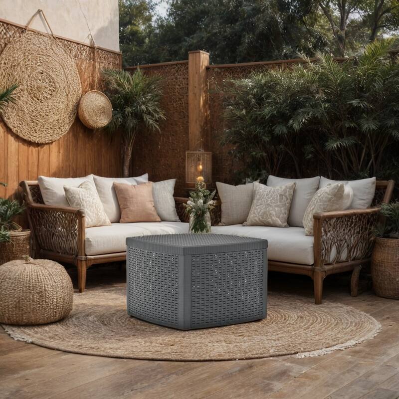 Outdoor Side End Table, 21 Inch Square Rattan Design, Anthracite Gray