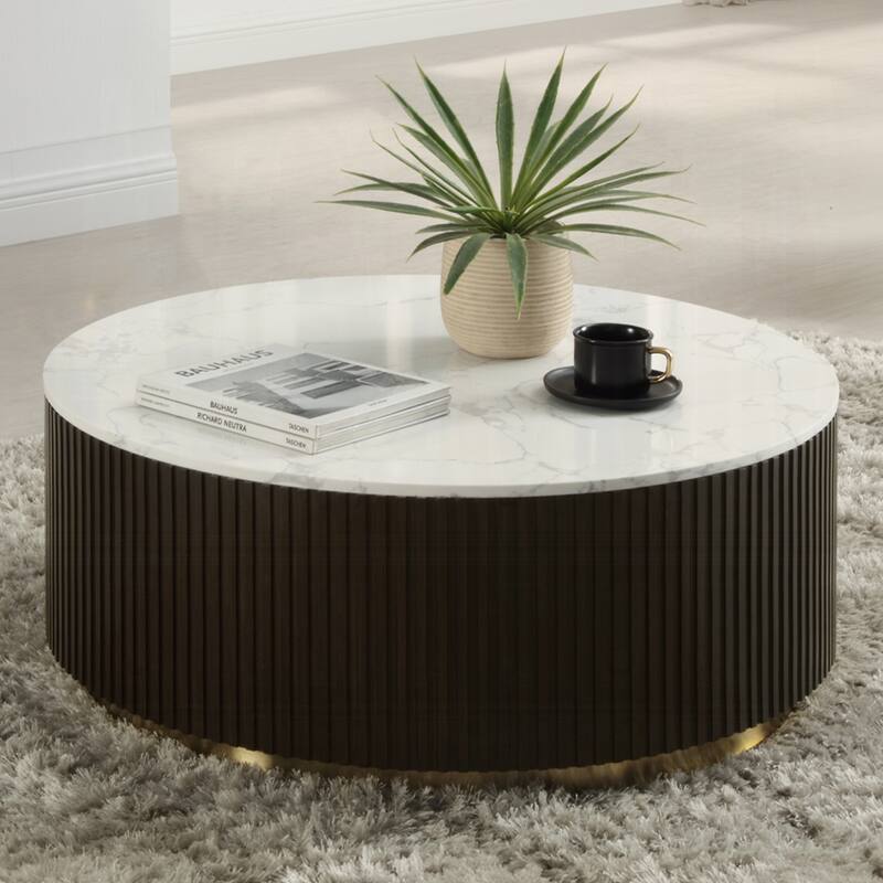 Round Coffee Table with Faux Marble Top in White and Espresso