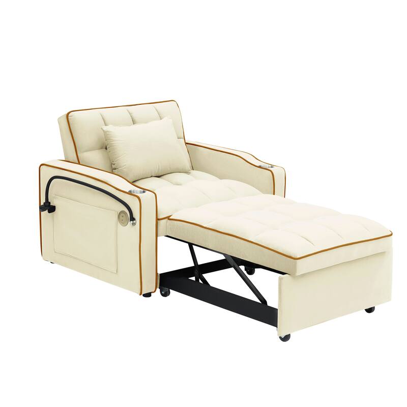 Single Velvet Pull-out Sofa Bed with Adjustable Back and Swivel Phone Stand