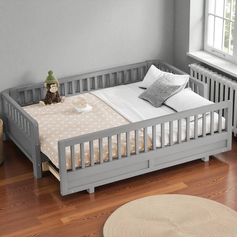 Convertible Twin/Twin XL Solid Wood Platform Bed with Guardrails, Expands to Double Twin or Queen Size, Durable Frame