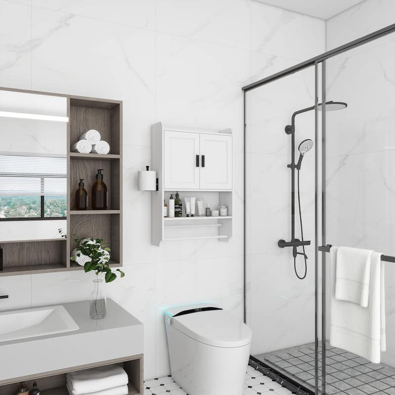 Wall-Mounted Bathroom Cabinet with Adjustable Shelves, Towel Bar, and Paper Holder for Over-the-Toilet Storage - 7.48X21.65 in - White + Wood+Metal