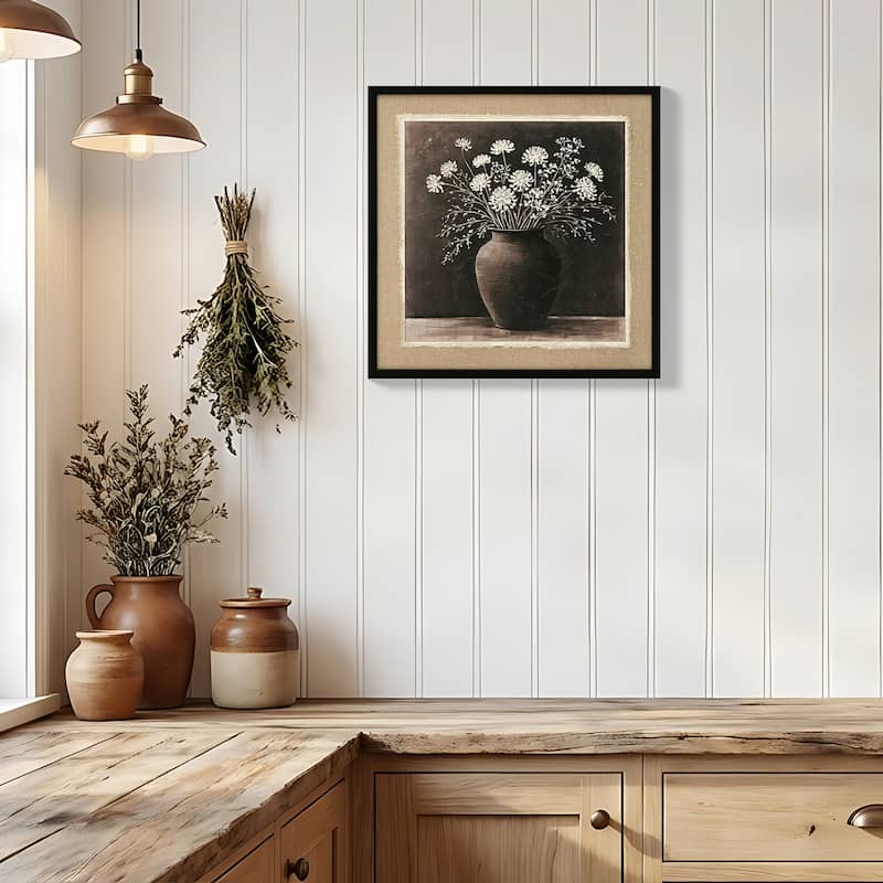 Abstract Flower Bouquet Wall Art, white flower in a rustic clay pot Painting Blossom Picture Prints on Linen for Bedroom