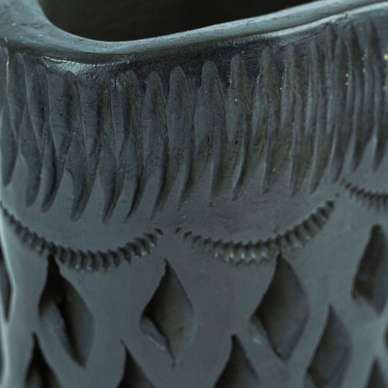 Novica Handmade Oval & Diamonds Barro Negro Mini Flower Pot