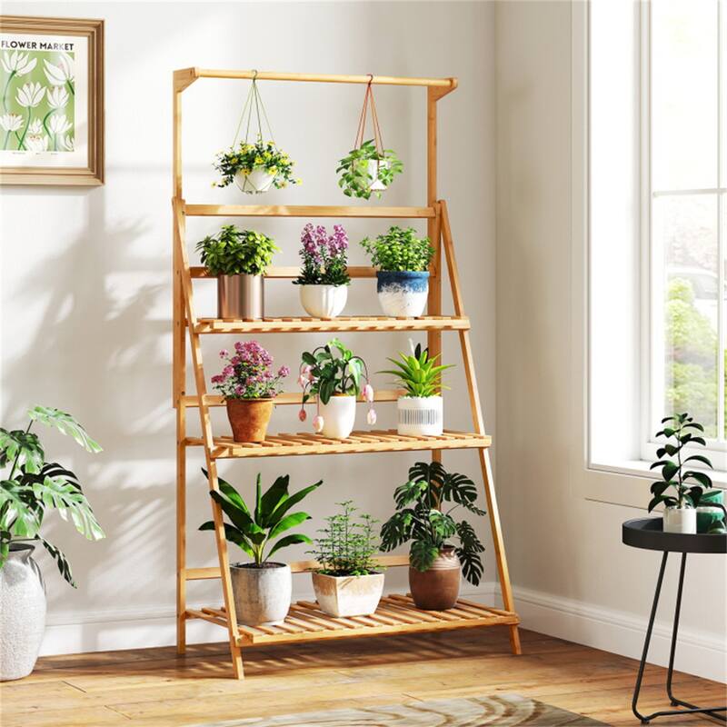 Natural Wicker Plant Stand with 3-Tier Ladder Shelves and Adjustable Hanging Rod for Indoor Plants - 28" x 16" x 47-56"